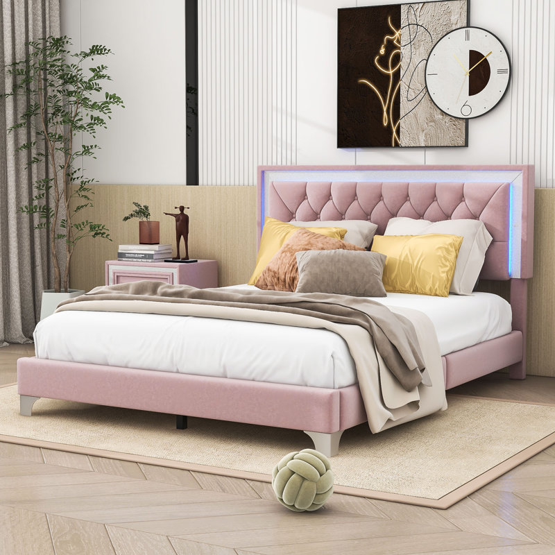 Upholstered Platform Bed with Tufted Headboard and LED Lights Ivy Bronx Color Pink